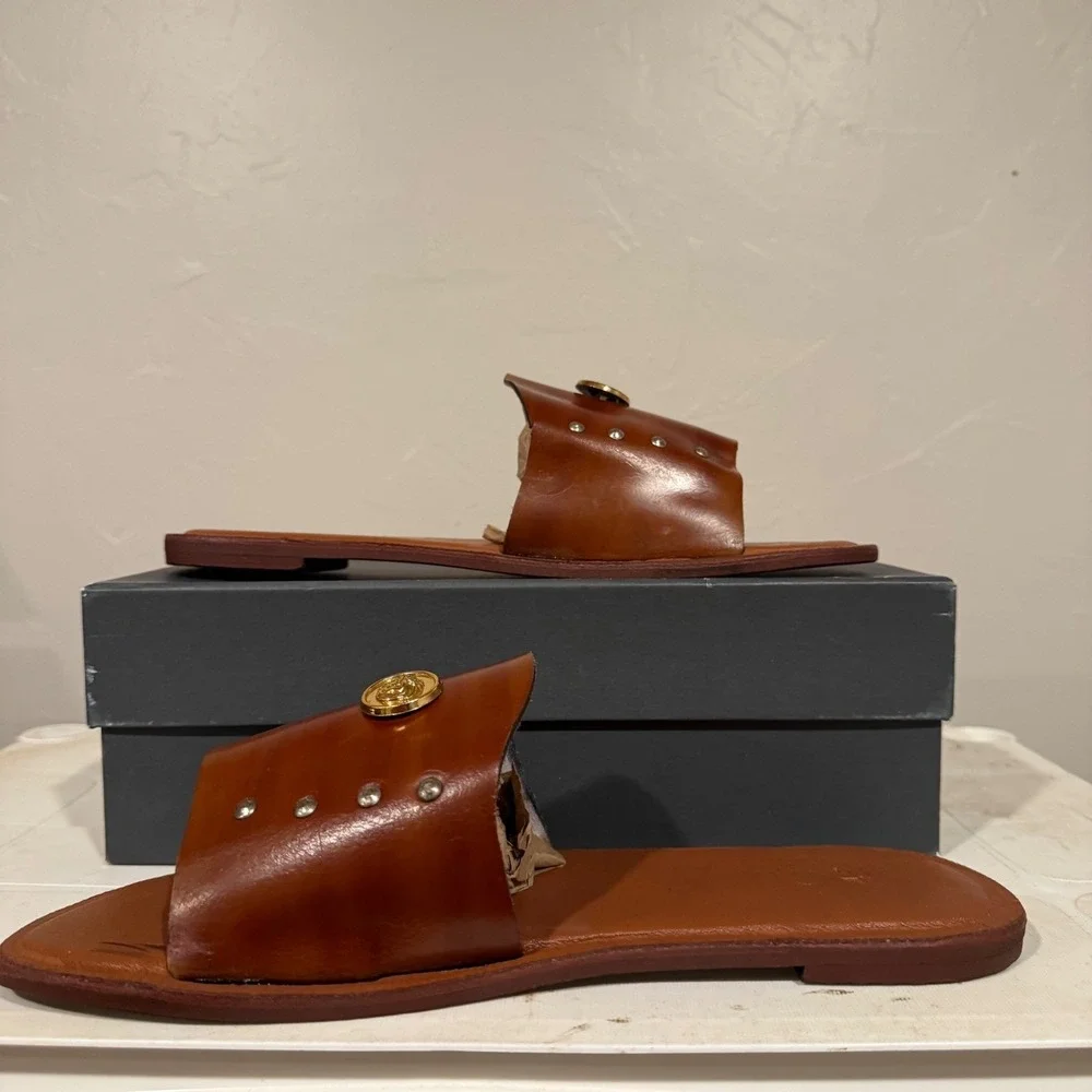 Gucci Slide Sandals Women 45 Brown‎ Excellent Studded Medusa Coin Leather Italy